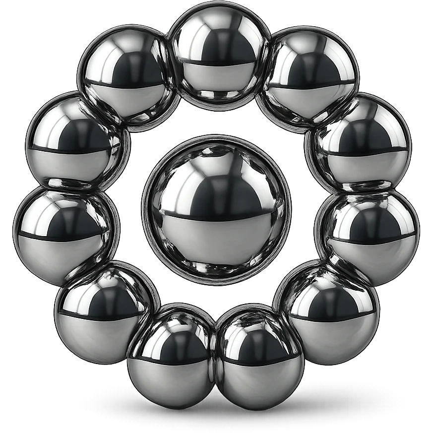 stylized chrome arrangement of spheres forming a ring, all connected, with a central chrome sphere, futuristic and shiny, no background emoji