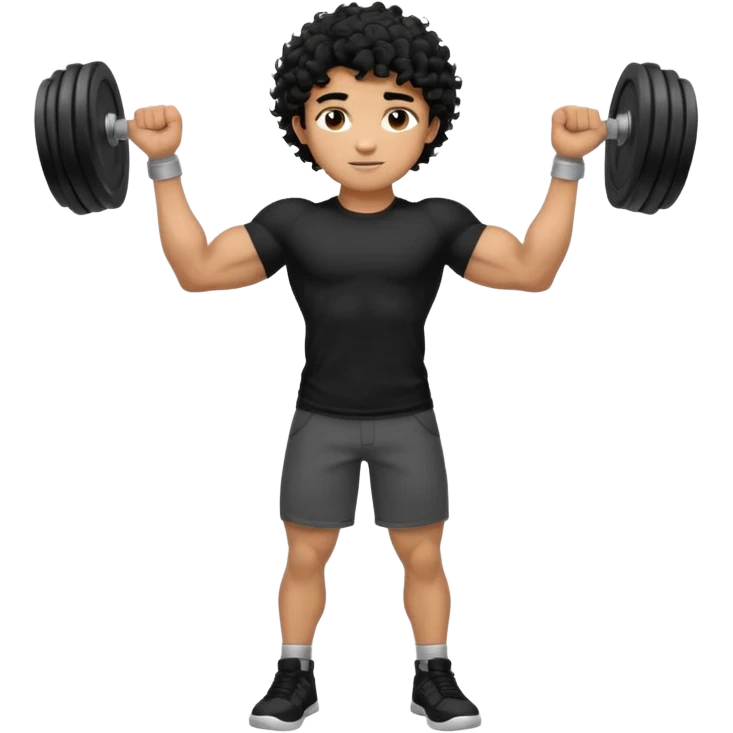 full body view of muscular teen boy with veiny hands arms and biceps. has messy black curly hair with dark-tan skintone with black tshirt emoji