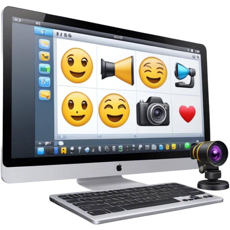 Create an emoji of video editing. Should feature a video editing timeline or interface on a computer screen, showing clips and a playhead. Include a video camera and editing tools. No any smiley faces in emoji. Make the background transparent. emoji