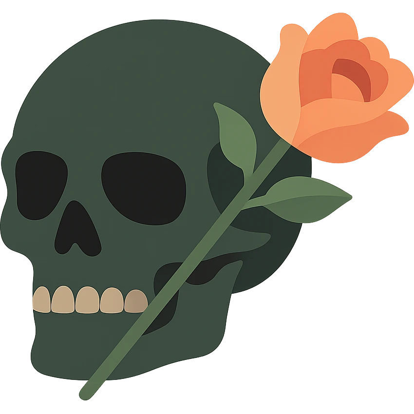 A dark, mysterious skull with a gothic, haunting atmosphere, featuring a soft color palette: golden orange (FA9B41), deep forest green (4A7C5C), muted taupe brown (96775A), and pastel peach (FFCC9A). The skull has sharp, angular features and hollow eye sockets, exuding a sense of mystery. A single, delicate rose lies across the skull, its petals in rich shades of peach and soft orange, with a deep green stem. The contrast between the dark skull and the soft, vibrant rose creates a striking, emotional effect. The background is dimly lit, with subtle shadows and perhaps a faint glow, enhancing the gothic yet strangely beautiful atmosphere. emoji