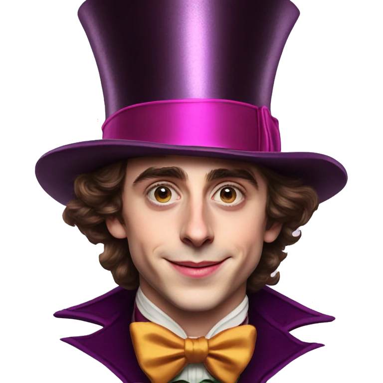 Timothée Chalamet as Willy Wonka, high cheek bones, large face, hat emoji