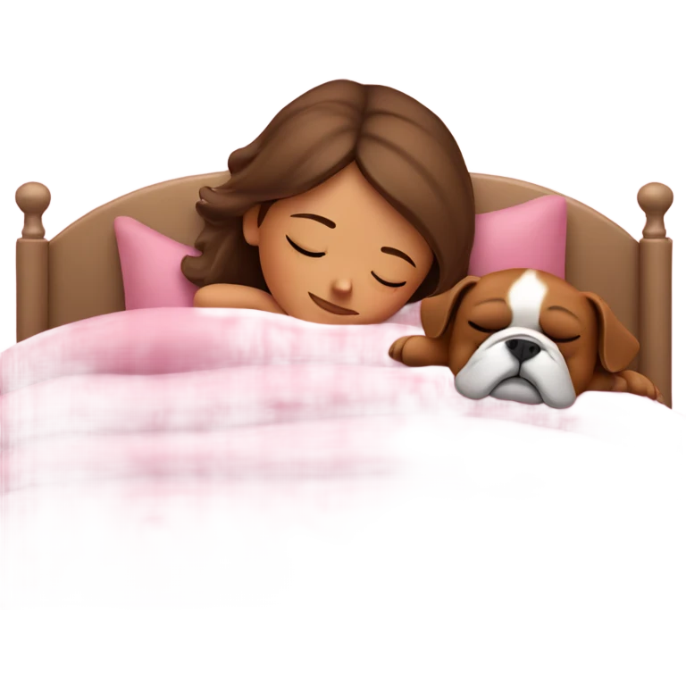 Sleeping girl in pink bed with meshed brown hair and bulldog emoji