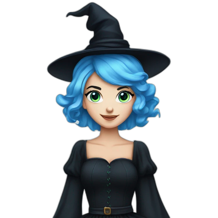 Blue-haired blue-eyed witch in black full skirt emoji