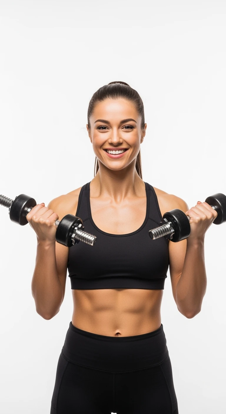donna fitness felice con manubri da palestra in mano, iperrealistico 4k, sfondo bianco emoji