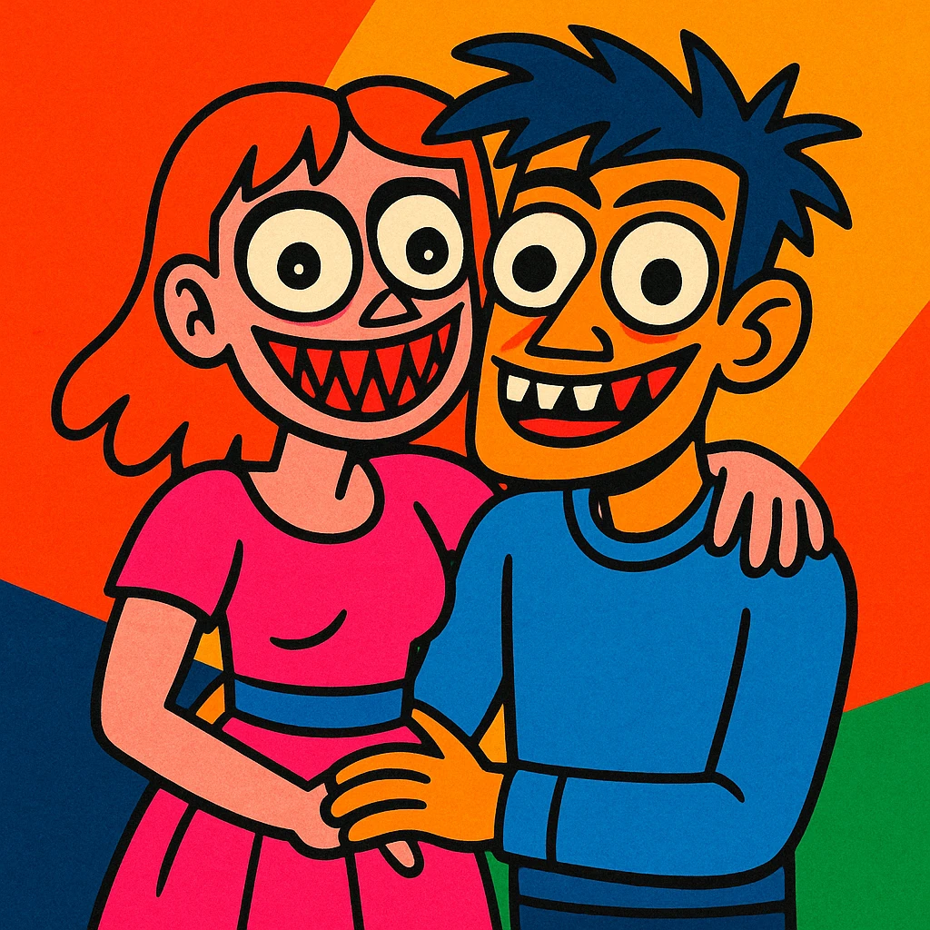 cartoon style girl with boyfriend, exaggerated and unsettling features, vibrant colors emoji