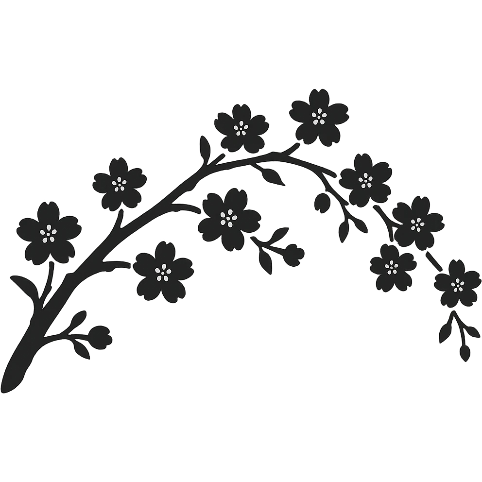 long curved sakura branch with solid fill, monochrome, eastern style, no background, for sign decoration, 1200x100px emoji