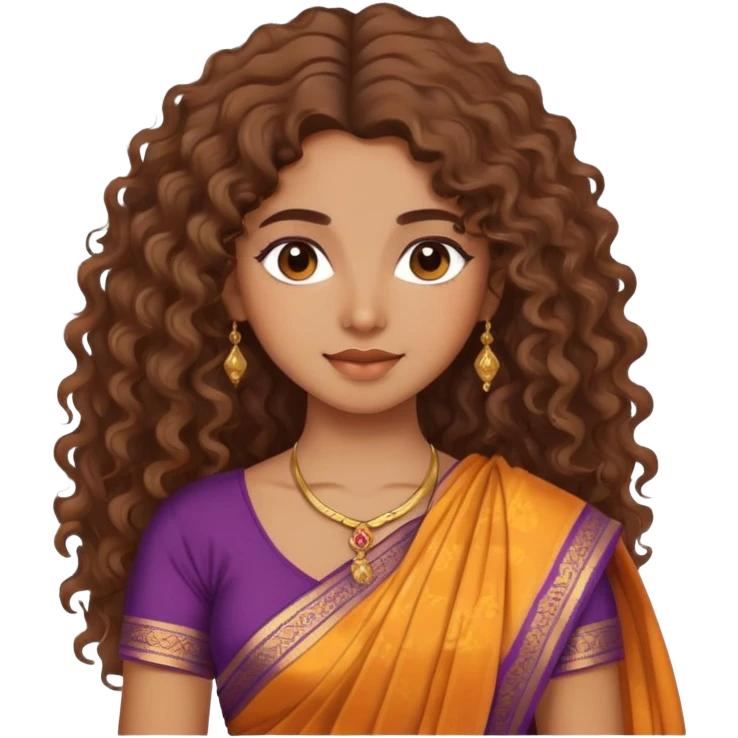 pretty brown girl with frizzish ,churlish, wavy hair light make up wearing a sari emoji