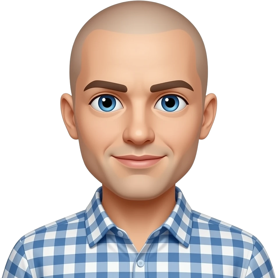 bald person with blue eyes and a shirt emoji
