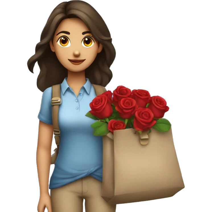 A girl named Ankita write her name in her shirt carrying a bag and she hold a red rose  emoji