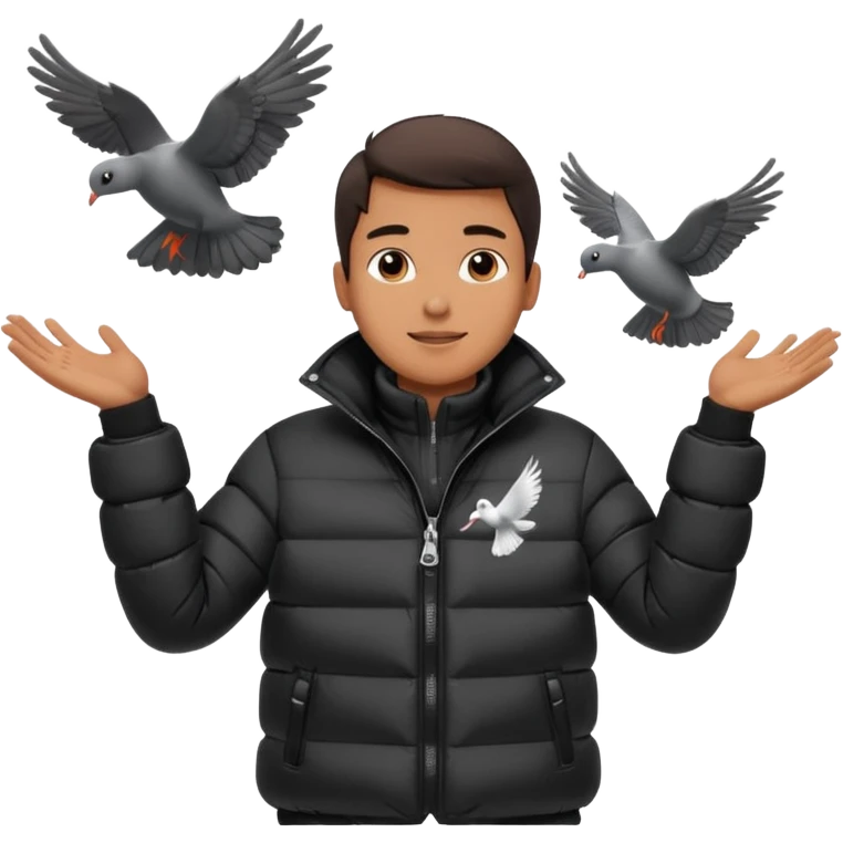 puffer shiny black jacket man open arms looking at a flying pigeon emoji