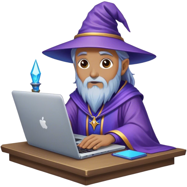 wizard behind a table, on which is a laptop, blue and purple emoji