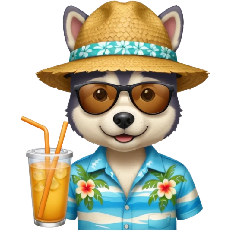 hasky with sunglasses and straw hat, hawaii shirt emoji