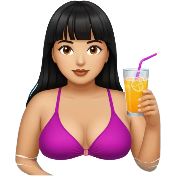 Latina female with bangs black long hair plus size swimming with a drink emoji