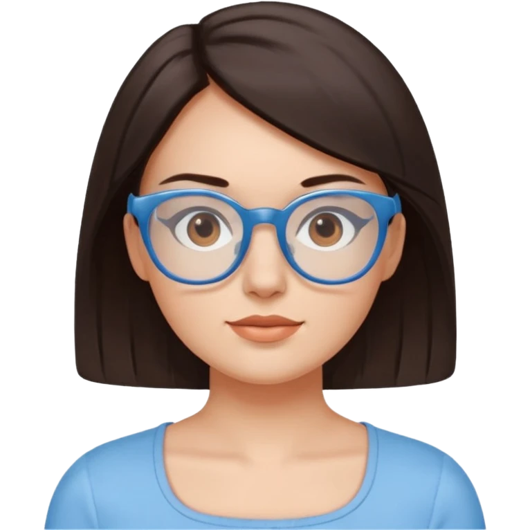 mujer de 30 años, cabello marron oscuro, ANTEOJOS CELESTE BLANCOS, top celeste escote cuadrado, piel blanca, cara redonda emoji