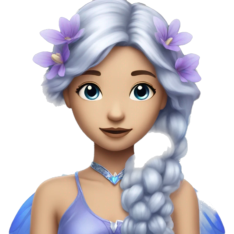 Beautiful, blue flower, fairy, blue, silver, purple, long hair, big wings emoji
