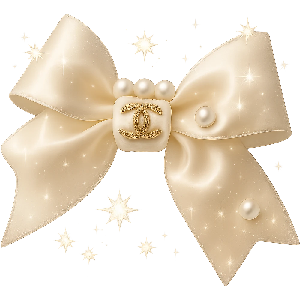 Add a solid white background behind the elegant bow with pearls and gold Chanel logo, sparkling effects, glossy, soft lighting, realistic style. emoji