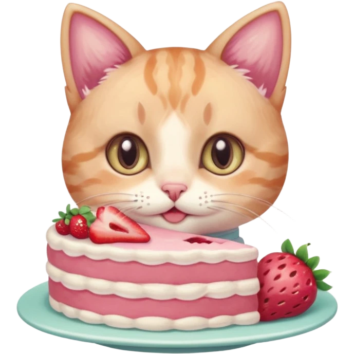 A cute cat happily eating a slice of strawberry cake, pastel color palette, soft shading, big sparkling eyes, kawaii style, highly detailed digital illustration, cozy atmosphere
, emoji