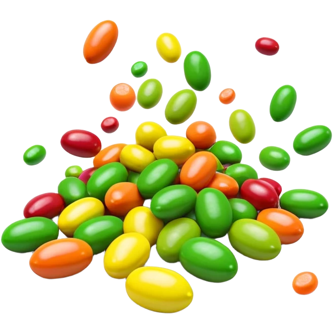minimalist colorful Skittles candy pack with green candies spilling out emoji