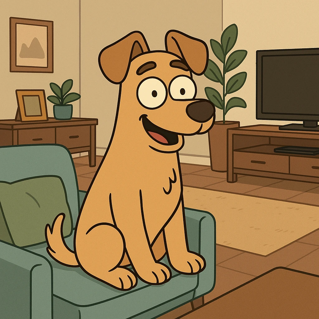 a dog in a modern living room, flat toon style emoji