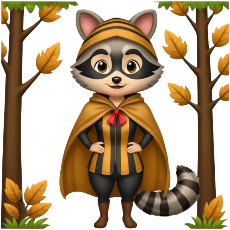 forest emoji woman dressed as raccoon trickster, striped tail cape, playful grin emoji