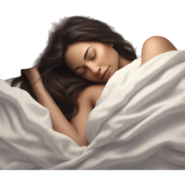 pretty brunette woman sleeping amongst white sheets realistic soft textures and ethereal glow emoji
