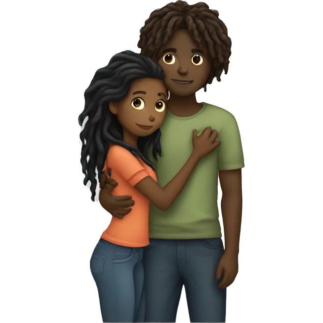 Brown girl with wavy hair hugging black boy who has dreads  emoji