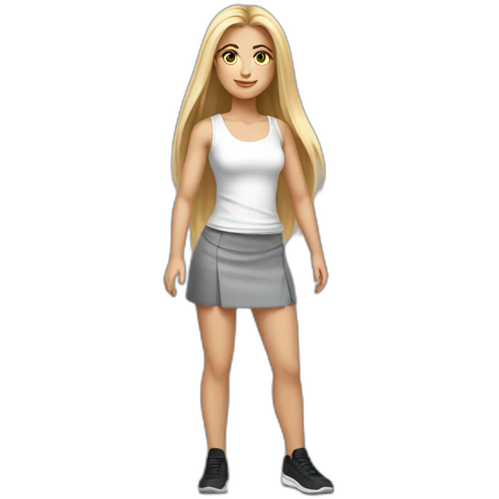 caucasian woman, with long straight hair, blonde hair, brown eyes, white tank top, gray tight mini skirt, black shoes, realistic drawing emoji