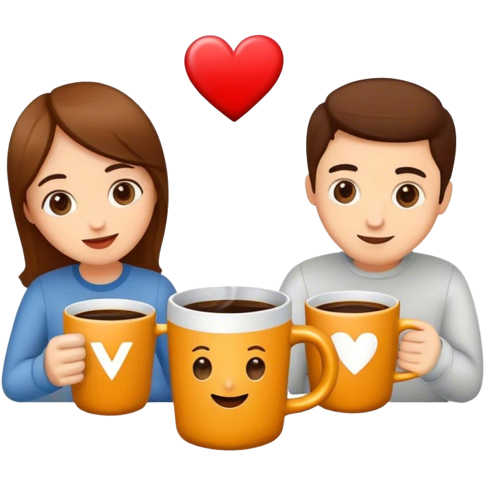 friends drinking coffee in a mug with the logo “v.love” emoji