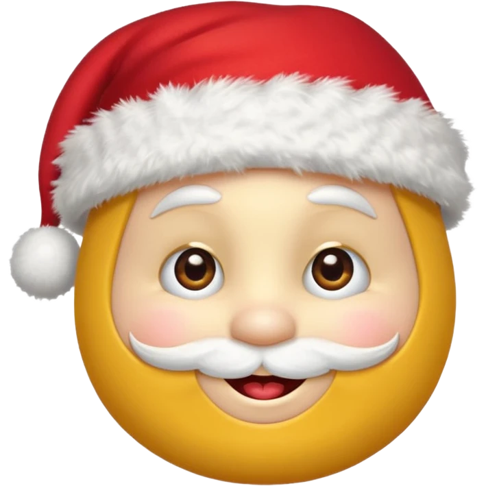 A yellow small smiling face wearing a red Santa hat with a pompom, rosy cheeks and twinkling eyes, conveying a warm, festive vibe. It should be a trolling smile. Like kappa. emoji