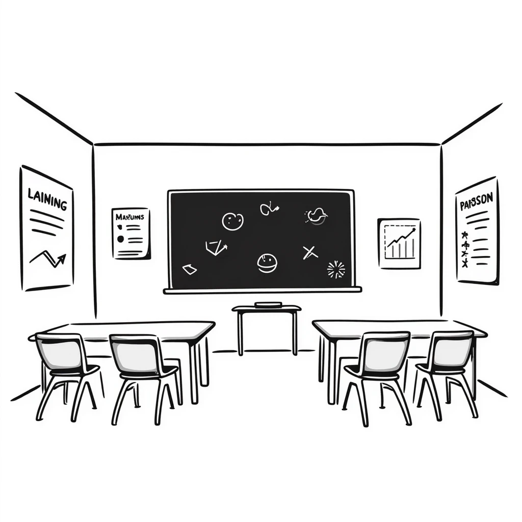 a classroom with desks, chalkboard, and educational posters emoji