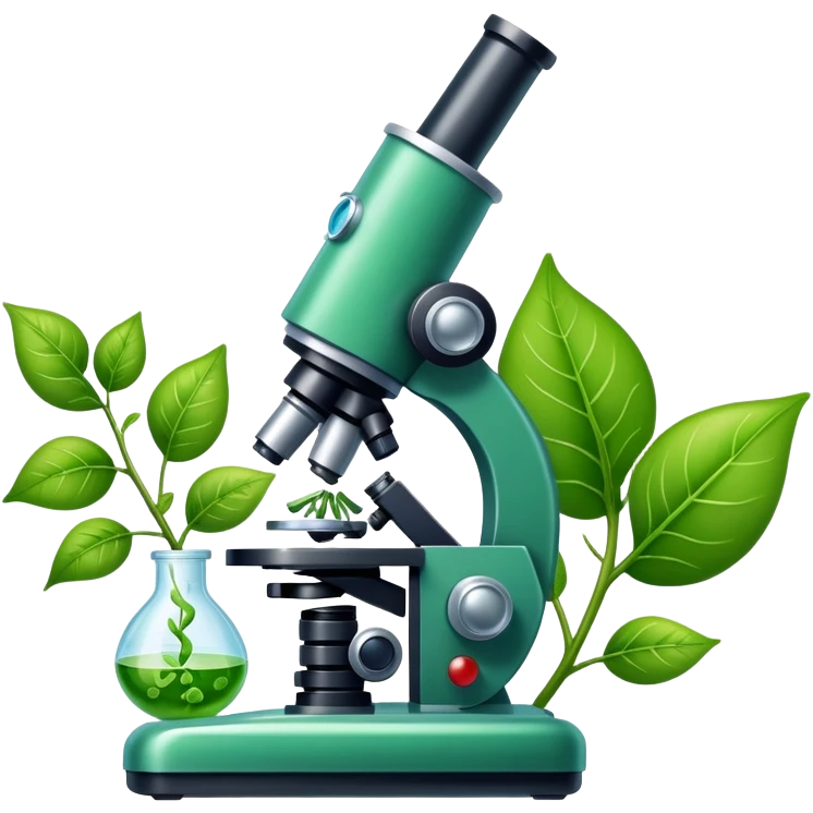 An icon featuring a DNA strand, a microscope with visible cells, and a green leaf, symbolizing biology. The design includes animal cells, plant structures, representing the study of living organisms and ecosystems. Transparent background highlights life sciences and biological research. emoji