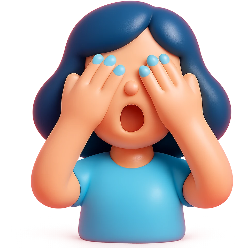 Woman with dark blue hair and blue fingernails with hands over her eyes in shock emoji