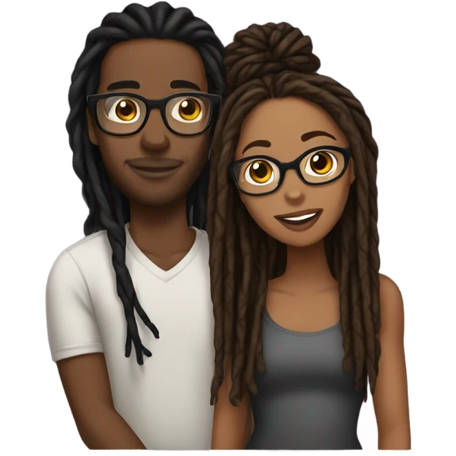 black couple with locs, male medium skin tone with long black locs, female brown skin with glasses and brown locs tied up kissing emoji