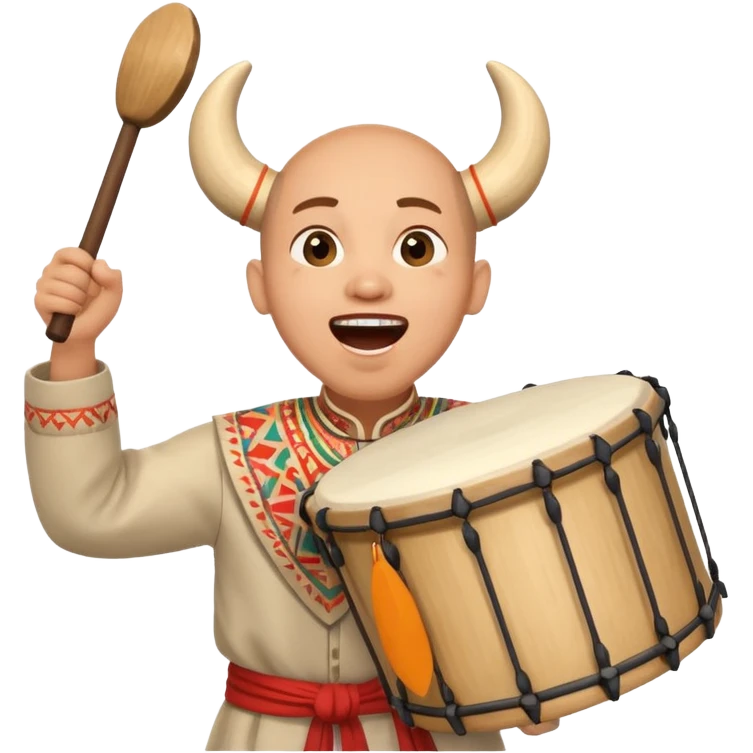 cheerful character in traditional clothes, holding a drum and shouting 'sahur!' with excitement emoji