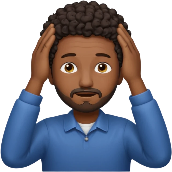 Emoji of a frustrated man with short dark curly hair and a short beard, eyes tightly closed and eyebrows furrowed.
Both hands raised near his head in frustration, clean rounded emoji style, soft gradients, plain background. emoji