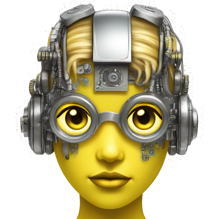 Neon yellow bobbed hair Caucasian female cyborg head with silver steampunk goggles and circuits emoji