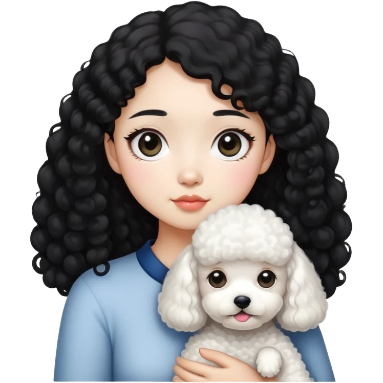 Asian girl with slim body, small face, big eyes, slightly curly black hair is holding a slightly fat white poodle emoji
