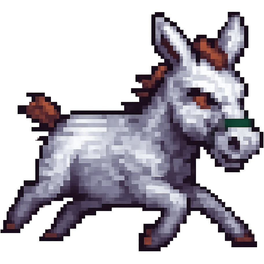 Make the donkey look like it is running extremely fast, with motion blur, speed lines, and a dynamic pose, in pixel art style. Maintain pixel art aesthetics and clarity. emoji
