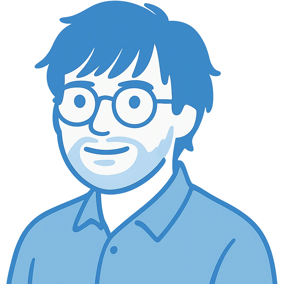 A man with round glasses, longer tousled messy hair with bangs, a naturally round face shape but slim, a broader nose, and a short beard. Use blue colors for the outlines and details instead of black. emoji