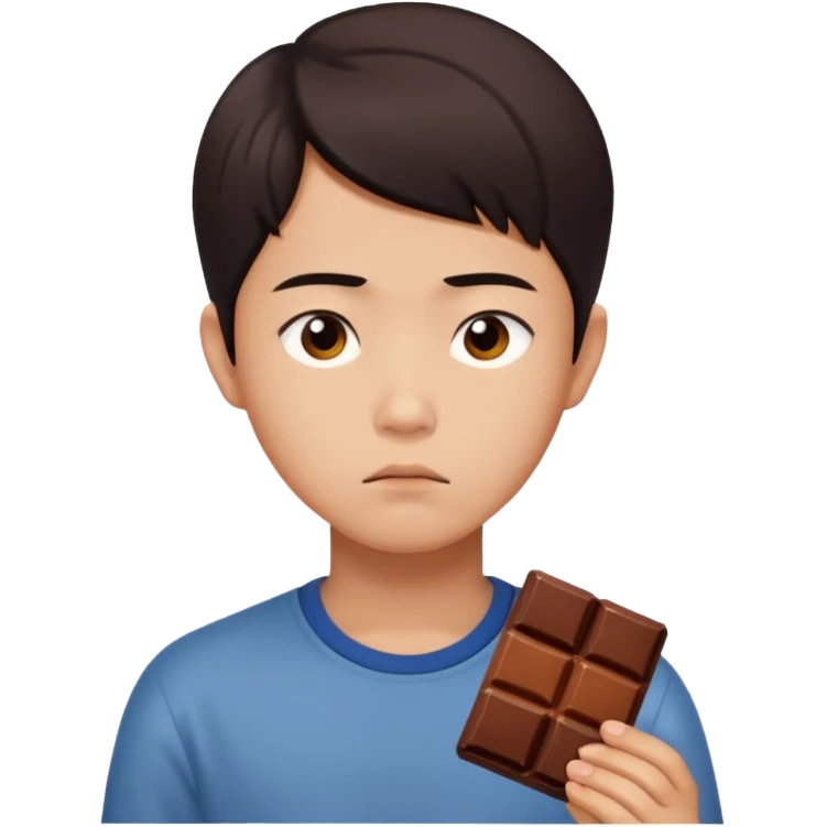 A young Asian dieter with a gloomy expression, thinking of chocolate emoji