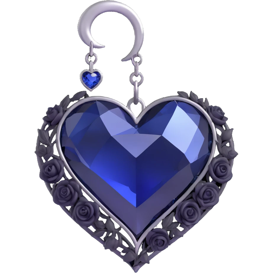 3D emoji gothic heart, midnight blue crystal texture, silver crescent moon charm, tiny black roses emoji
