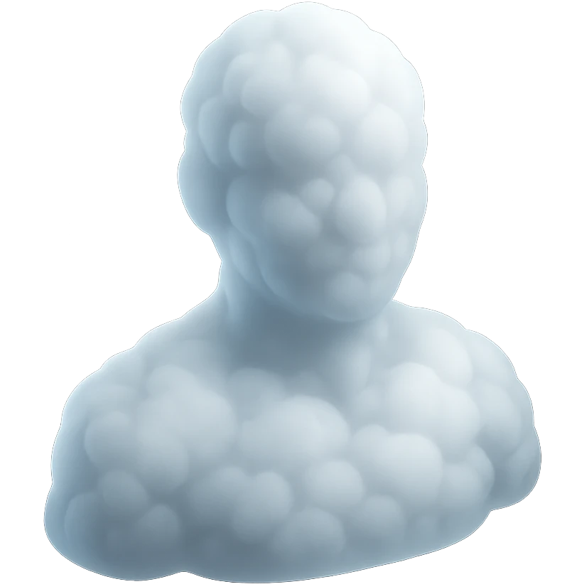 person looking straight ahead, composed entirely of white fluffy convex clouds, shoulders visible, matte glass style emoji