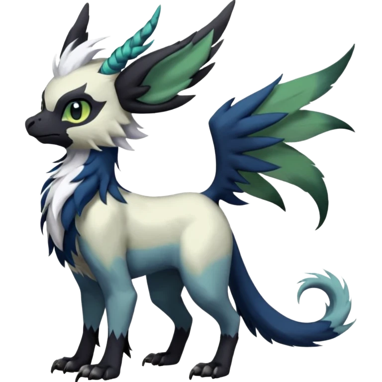 Dark-deep-colored gryphon-Trico-Nargacuga-Absol-Leafeon-Sprigatito-Silvally-fusion-hybrid with a long tufted tail, black beak, black claws, black tail, majestic, realistic, furry (full body) emoji
