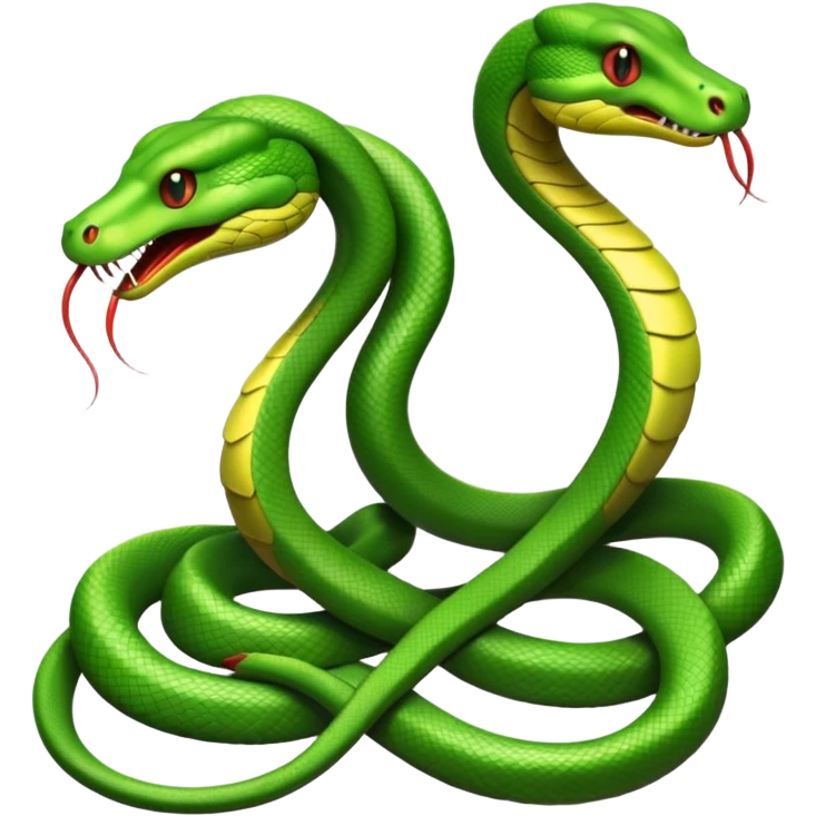 Two green snakes tangled at their tails, facing each other and hissing emoji
