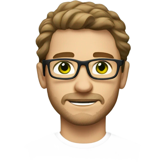Caucasian male, shoulder length wavy brown hair, green eyes, brown glasses, stubble emoji