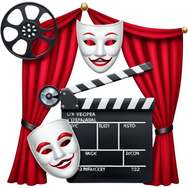 Icon for Acting in Theatre and cinema: a stage with curtains, a theater mask, a film camera and a clapperboard. The design should represent theatrical performance and acting techniques. Transparent background. emoji