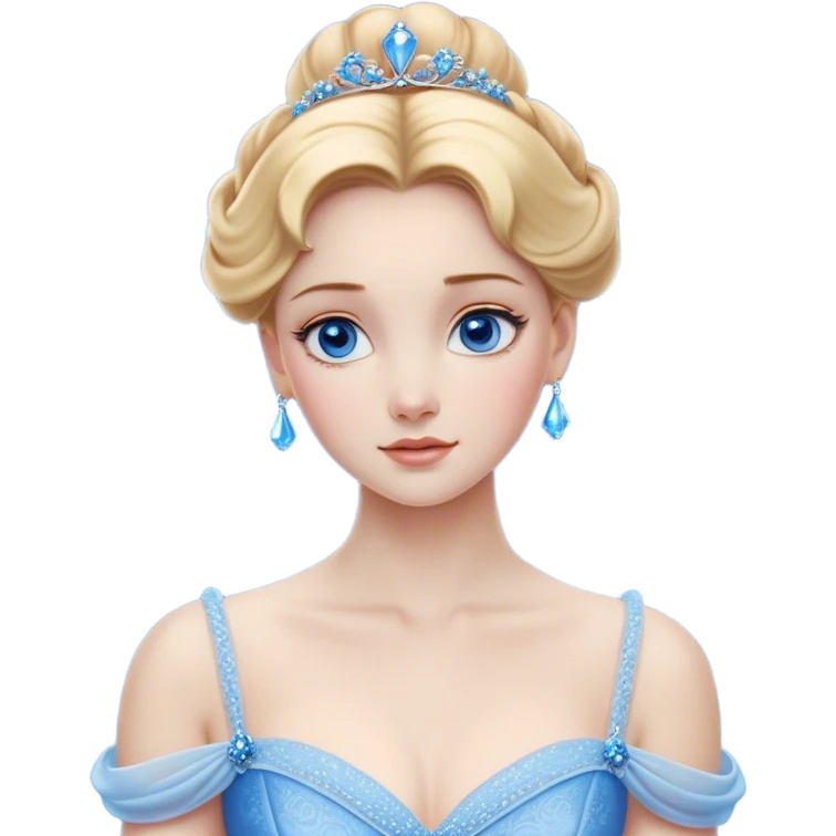 Cinematic Realistic Noble Cinderella Portrait, depicted with porcelain skin rendered in lifelike detail and soft, natural lighting that highlights every delicate nuance. Her intricately styled golden-blonde hair is arranged in an elegant updo, and her deep, expressive blue eyes radiate quiet determination. She wears her classic ball gown with rich fabric textures and delicate folds catching the light beautifully, all set against a subtly glowing, natural background that captures the essence of timeless royal grace. emoji
