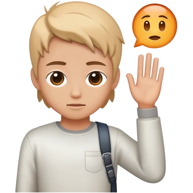 young character standing with a small help icon or question mark above their shoulder emoji