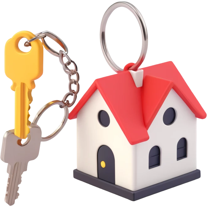 white keychain with a house-shaped key fob, 3D Emoji style, pure white color, soft shadows and highlights, transparent background, no decoration, close-up view emoji