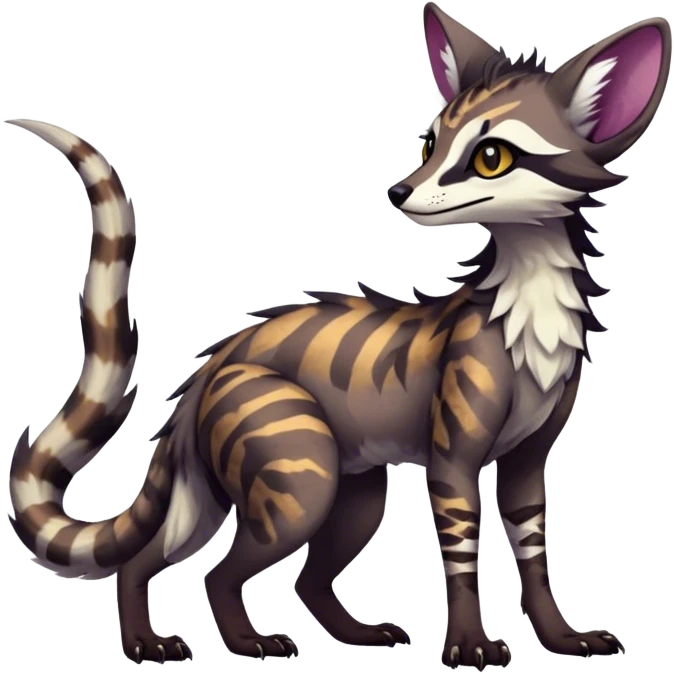 Feral Rare Fantasy dark colorful Vernid-Sergal-Genet-Trico-species by LiLaiRa, random markings, tufted tail, tufted ears, full body emoji